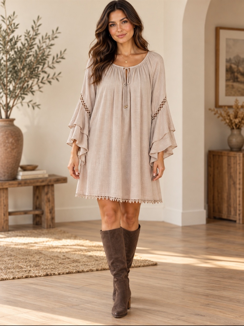 Chelsea & Violet Beige Boho Bell Sleeve Crochet Shift Dress Size M